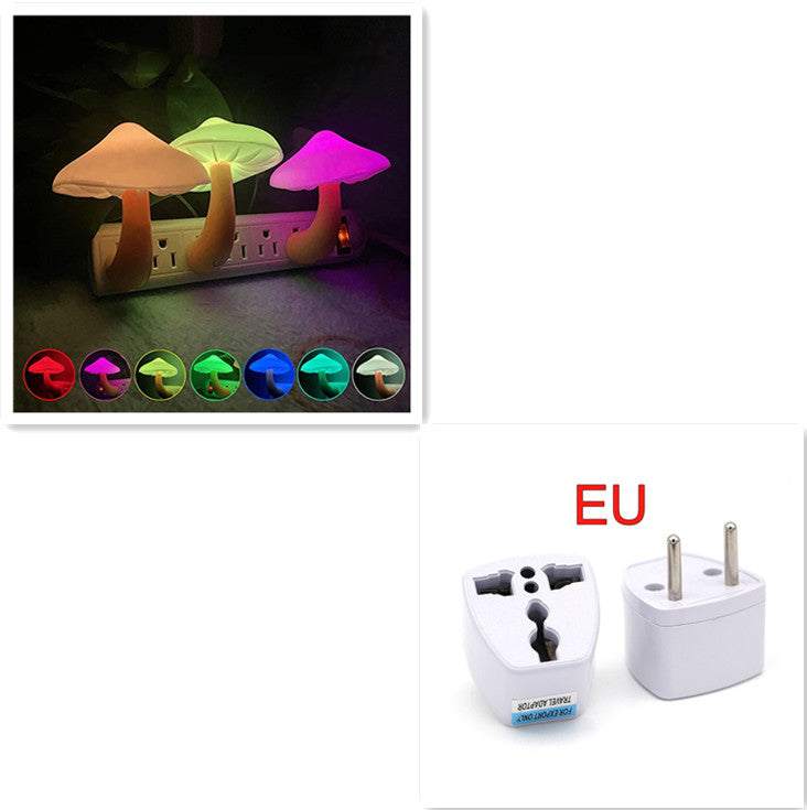 LED Night Light Mushroom Wall Socket Lamp with light-control sensor, EU US Plug, warm white glow for bedroom decoration.