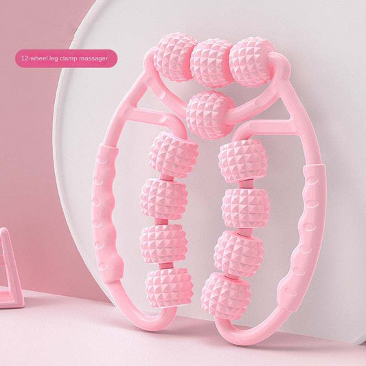 Muscle Relaxation Ring Leg Clip Roller in pink with textured rollers for massage therapy.