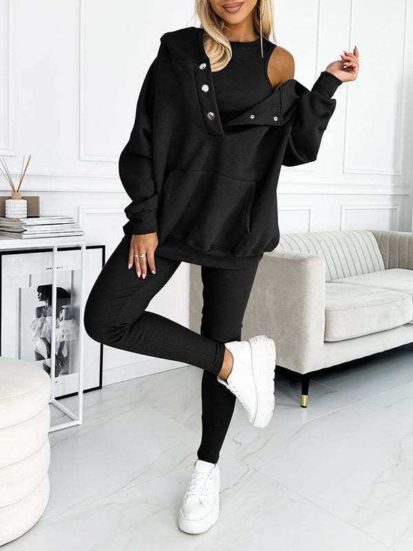 3pcs women's sports suit with hooded sweatshirt, vest, and slim trousers in light blue.