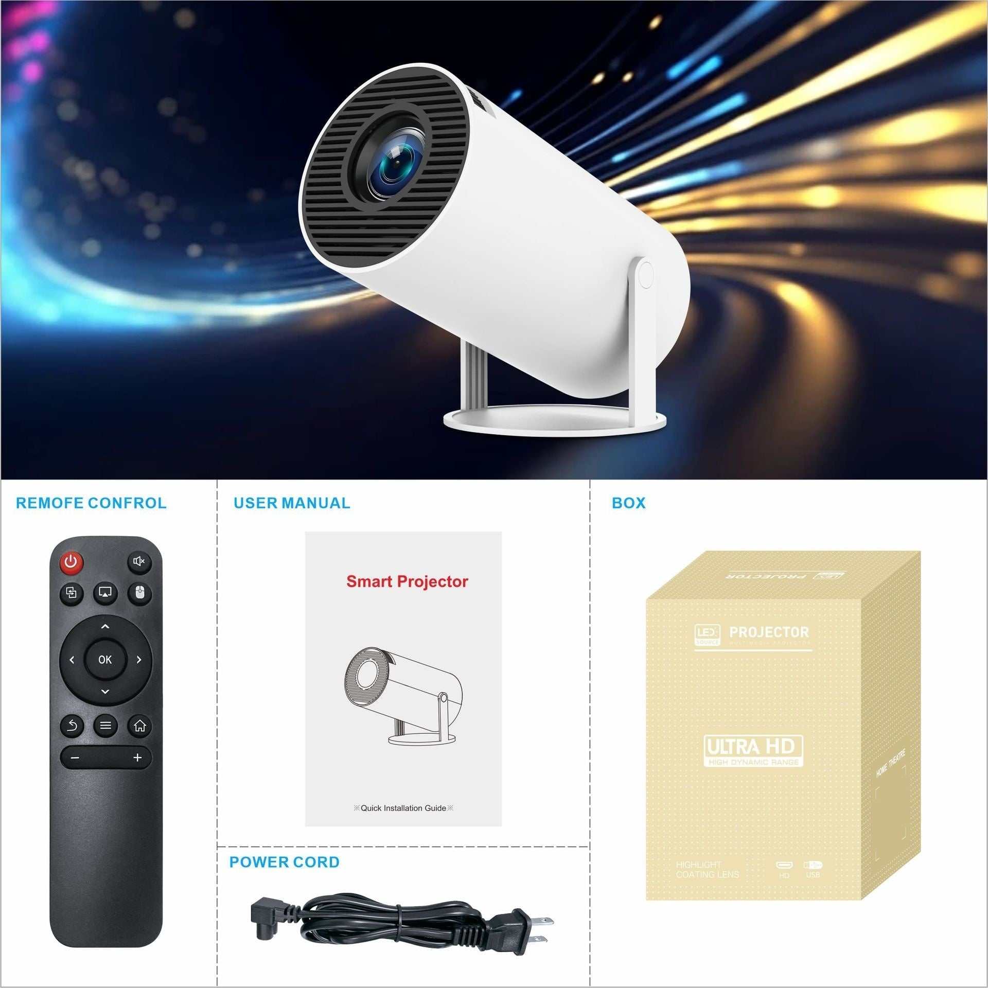 HY300 Pro Projector, portable home theater with 4K support, Wi-Fi, and 720P resolution.