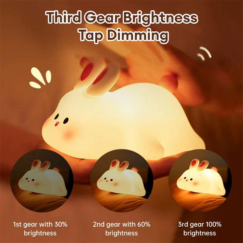 Cute LED night light with touch sensor, rabbit design, adjustable brightness, silicone material, perfect for kids' bedside.