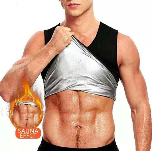 Men's fitness corset shapewear with heat trapping, silver waist support vest, enhances body shaping.