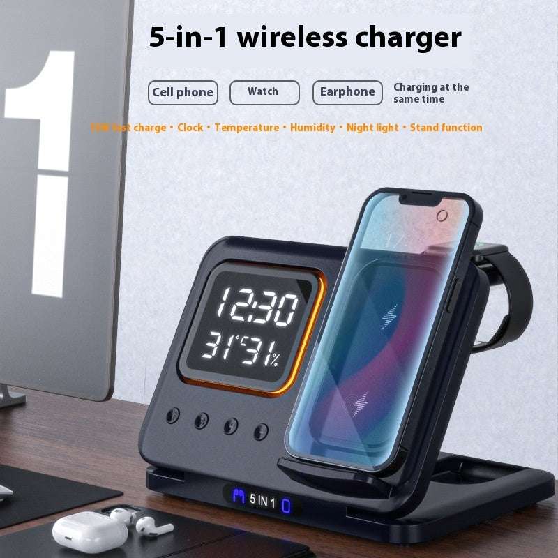 Wireless Chargers Stand 15W wireless charging stand with LED clock, phone, watch, and headphone charging slots.