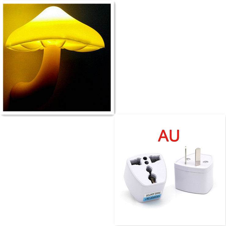 LED Night Light Mushroom Wall Socket Lamp with light-control sensor, EU US Plug, warm white glow for bedroom decoration.