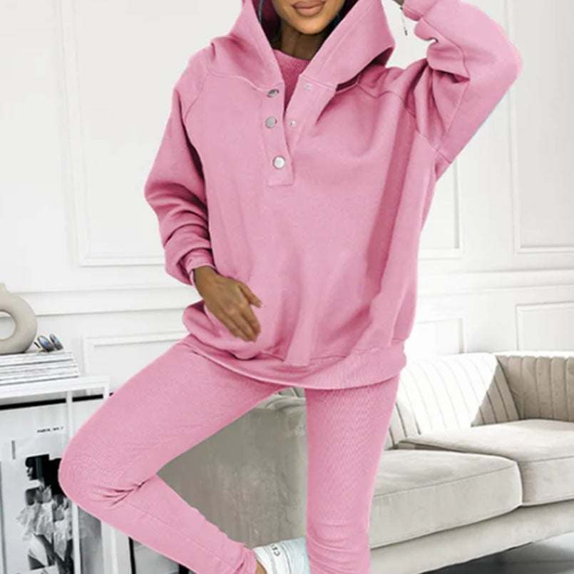 3pcs women's sports suit with hooded sweatshirt, vest, and slim trousers in light blue.