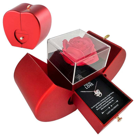 Red apple-shaped fashion jewelry box with eternal rose and necklace, perfect Christmas or Valentine's Day gift.