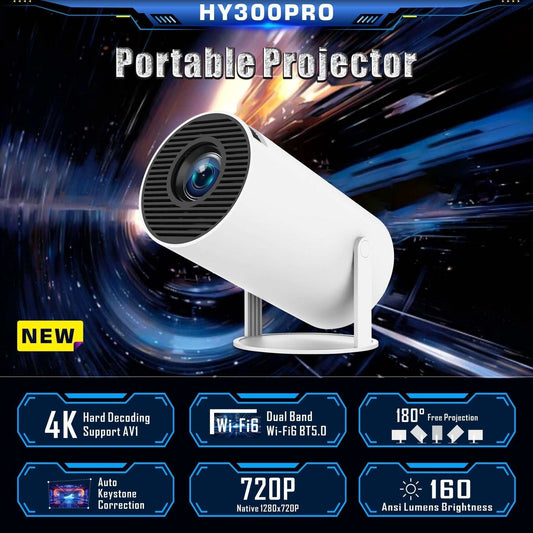 HY300 Pro Projector, portable home theater with 4K support, Wi-Fi, and 720P resolution.