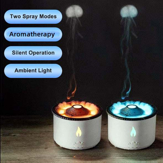 Innovative ultrasonic essential oil humidifier with flame effect and jellyfish mist, featuring aromatherapy and silent operation.