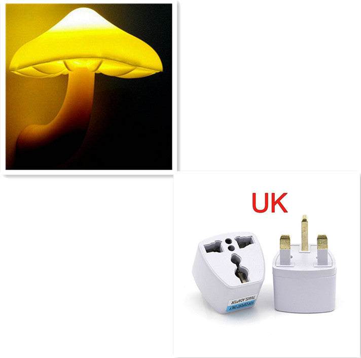 LED Night Light Mushroom Wall Socket Lamp with light-control sensor, EU US Plug, warm white glow for bedroom decoration.
